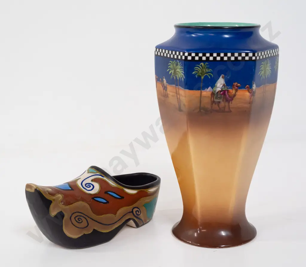 Tunstall desert scene faceted side vase H-220 and a Gouda clog with multi-coloured decoration L-170 Image 1++