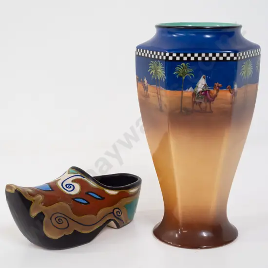 Tunstall desert scene faceted side vase H-220 and a Gouda clog with multi-coloured decoration L-170