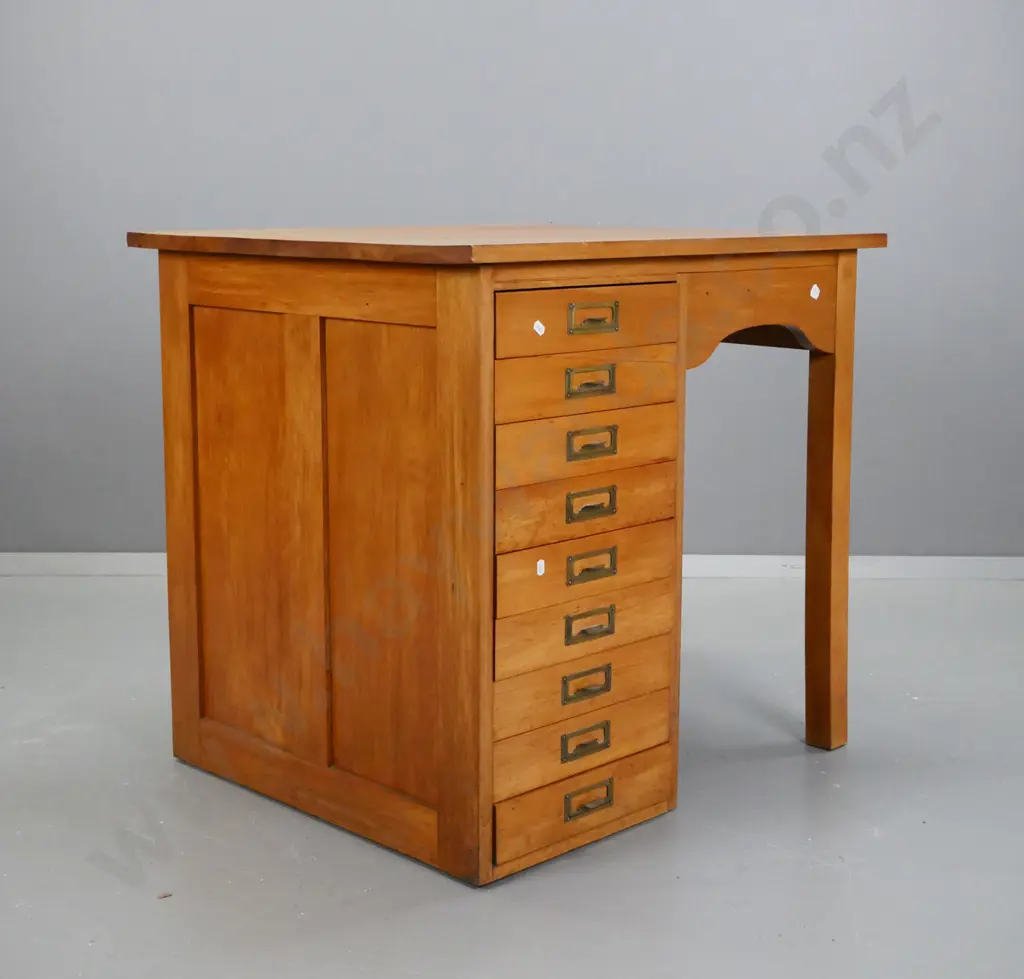 small colonial rimu desk with 9 index drawers, brass label handles, panel sides, shaped kneehole Image 1++