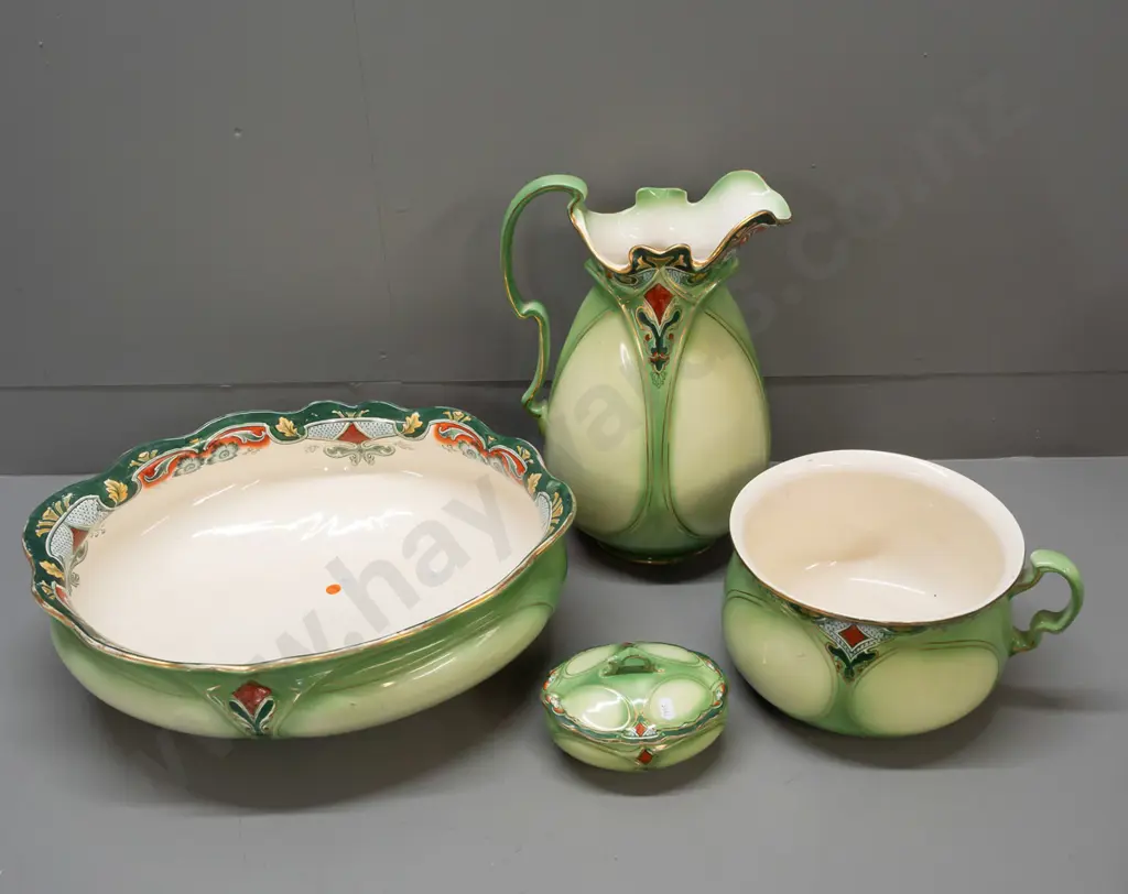 vintage art nouveau style bedroom set with shaped rims, gilt trim - jug & basin, soap dish with drainer and chamber pot. Image 1++