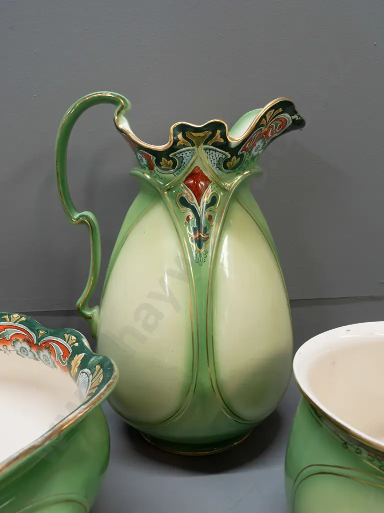 vintage art nouveau style bedroom set with shaped rims, gilt trim - jug & basin, soap dish with drainer and chamber pot. Image 1++