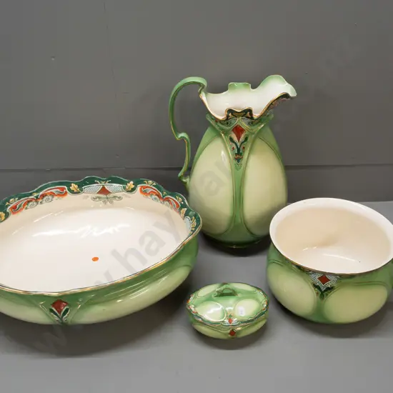 vintage art nouveau style bedroom set with shaped rims, gilt trim - jug & basin, soap dish with drainer and chamber pot.