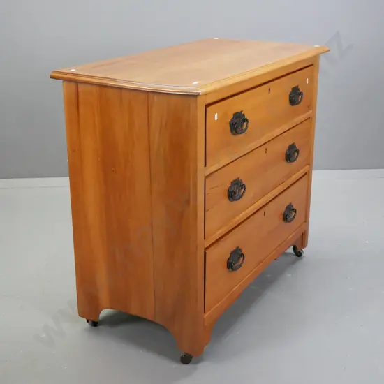 Edwardian, vintage rimu 3 drawer chest on brown porcelain castors, pressed metal handles,