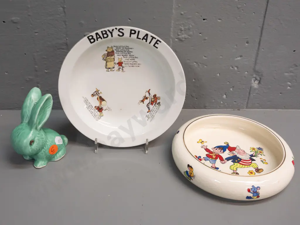 small Sylvac bunny (no legible mark) H-100 and 2 children's pieces - one Biltons, other unmarked Image 1++