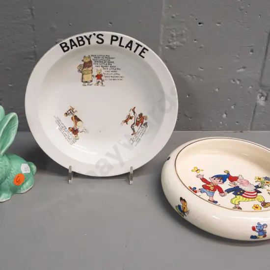 small Sylvac bunny (no legible mark) H-100 and 2 children's pieces - one Biltons, other unmarked