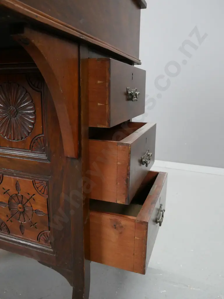Assetic walnut, davenport, with lift-up lid exposing letter rack, red tooled leather slop front lifting Image 1++