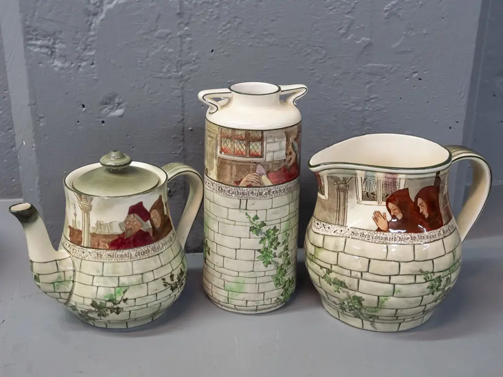 3 pieces of Royal Doulton Jackdaw of Rheims series ware teapot, jug and handled vase H-225. Some crazing. Image 1++