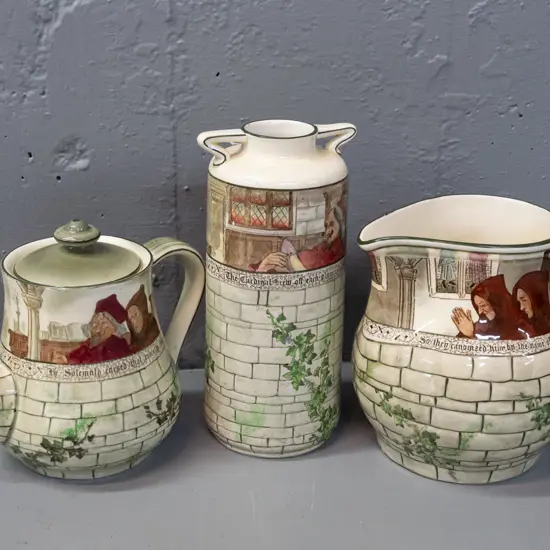 3 pieces of Royal Doulton Jackdaw of Rheims series ware teapot, jug and handled vase H-225. Some crazing.