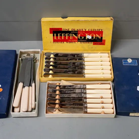 3 sets of 6 faux bone handled knives with bones, different sizes, larger are L-240