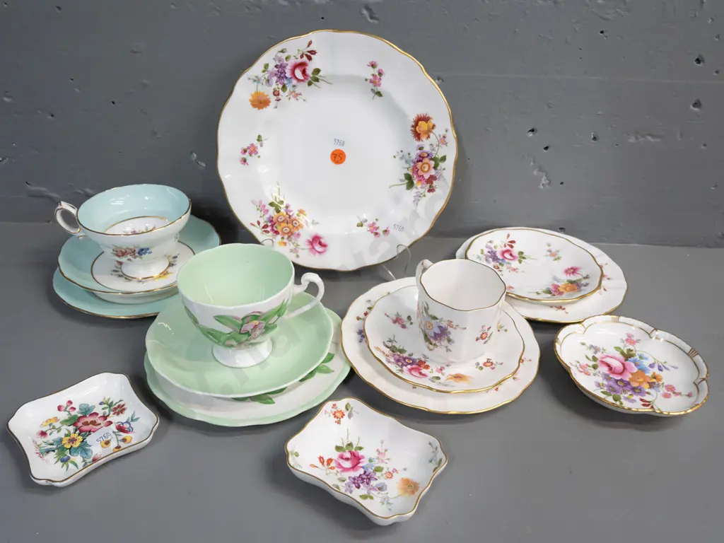 assorted English fine china - Derby Posies - cake plate, coffee can trio, spare saucer and plate, Hammersley & Roslyn Image 1++