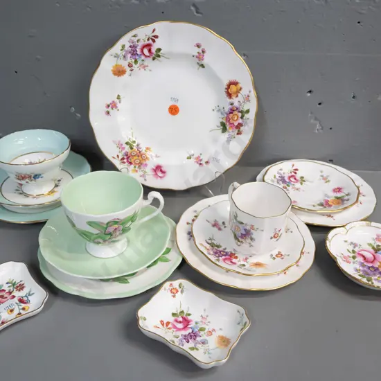 assorted English fine china - Derby Posies - cake plate, coffee can trio, spare saucer and plate, Hammersley & Roslyn