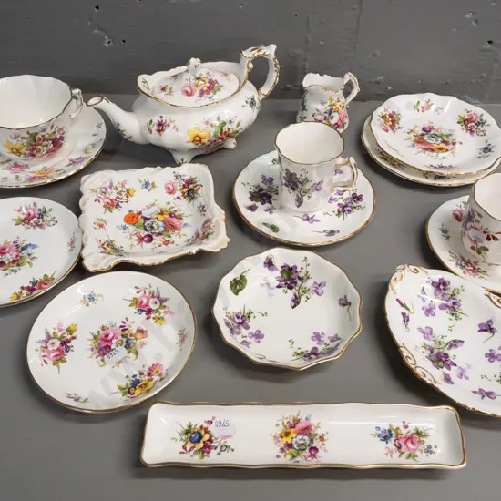 assorted English fine china - mainly Hammersley - teapot, small jug, pin dishes, coffee cans & saucers, one cup is