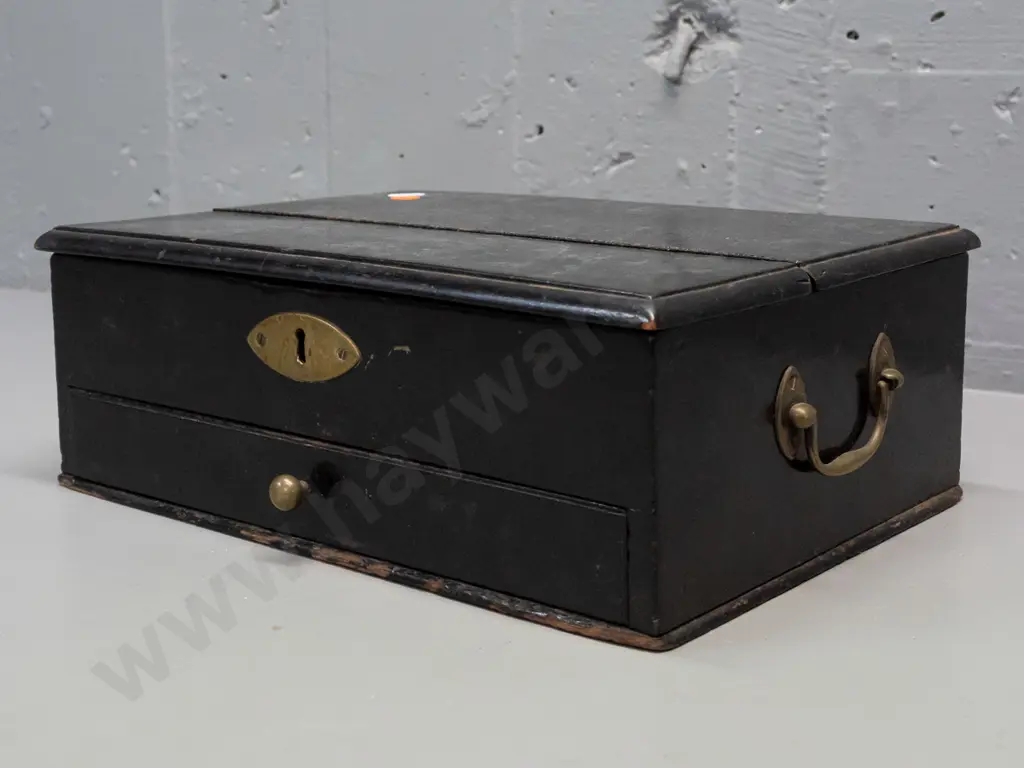 traveling writing box, ebonized timber, brass swan neck handles, lift up lid exposing 2 ink wells, Image 1++