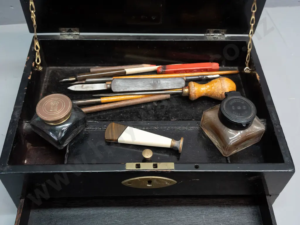 traveling writing box, ebonized timber, brass swan neck handles, lift up lid exposing 2 ink wells, Image 1++