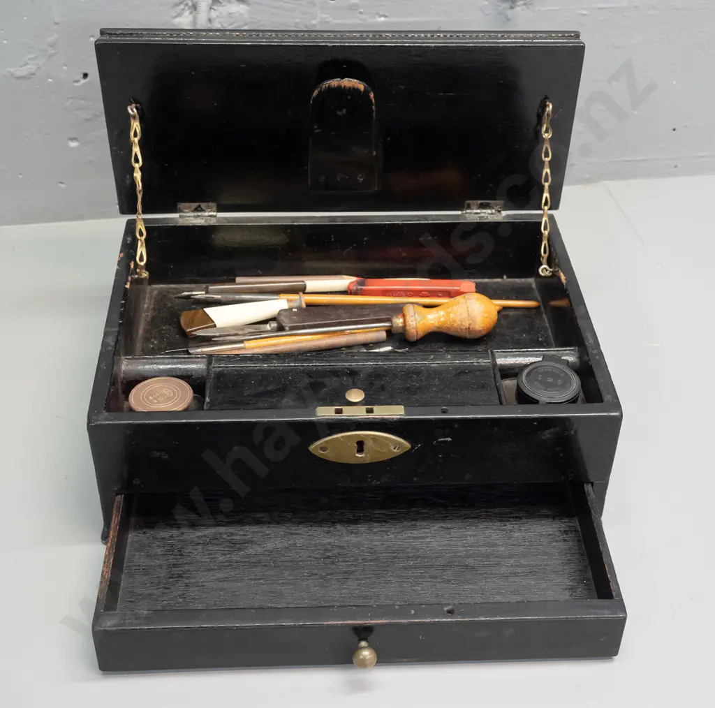 traveling writing box, ebonized timber, brass swan neck handles, lift up lid exposing 2 ink wells, Image 1++