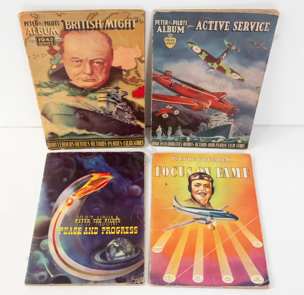 4x 1940s vintage Peter the Pilot collector card booklets - 1942 Series British Might, 1947 Peace & Progress, 2 others Image 1++