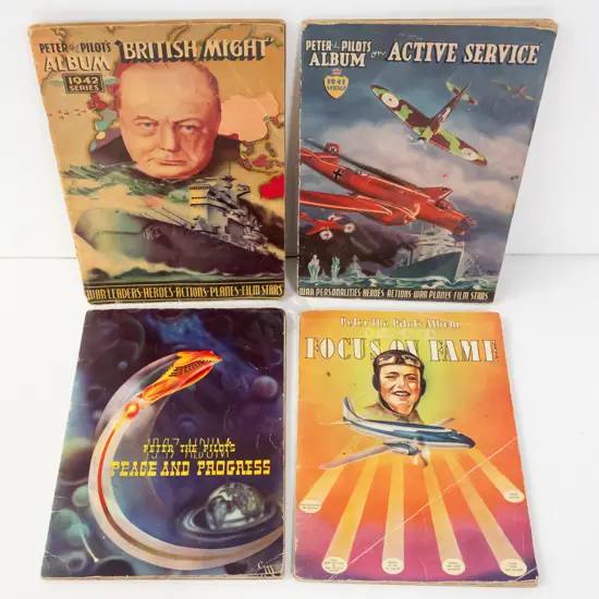 4x 1940s vintage Peter the Pilot collector card booklets - 1942 Series British Might, 1947 Peace & Progress, 2 others