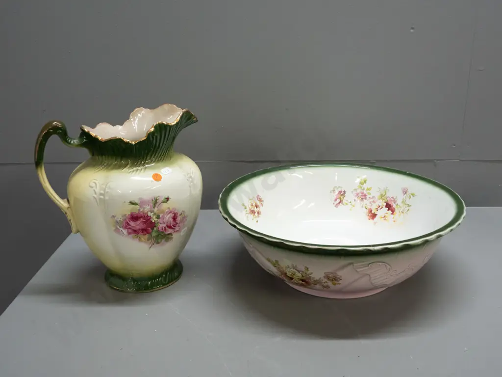 vintage wash jug and basin set - green & gilt with rose motifs - some crazing and wear to gilt. jug H-280 Image 1++