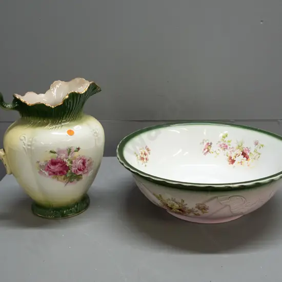 vintage wash jug and basin set - green & gilt with rose motifs - some crazing and wear to gilt. jug H-280
