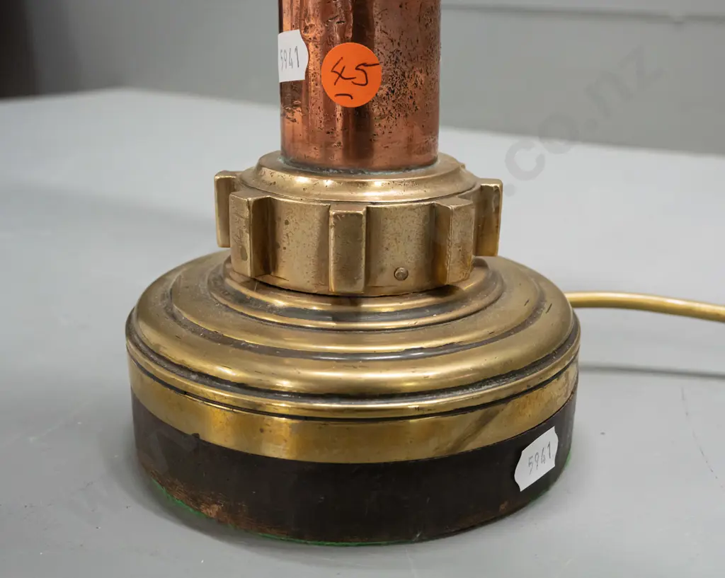 table lamp with heavy base made from industrial brass and copper parts and timber, with woven cane shade. Denting to Image 1++