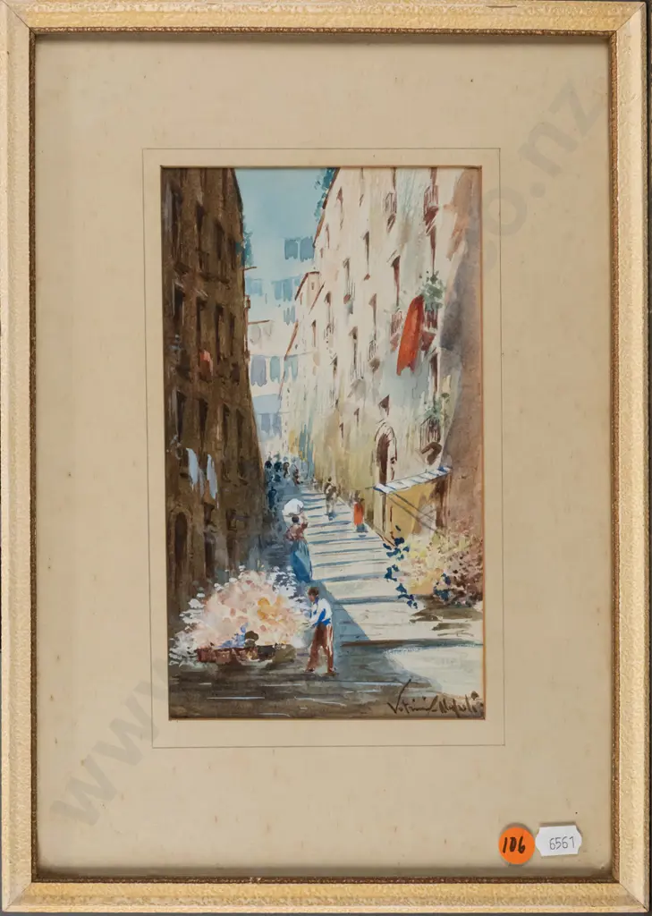 illegible signature - framed watercolour - European street scene H210 W125 (foxing to mat) Image 1++