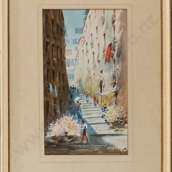 illegible signature - framed watercolour - European street scene H210 W125 (foxing to mat)