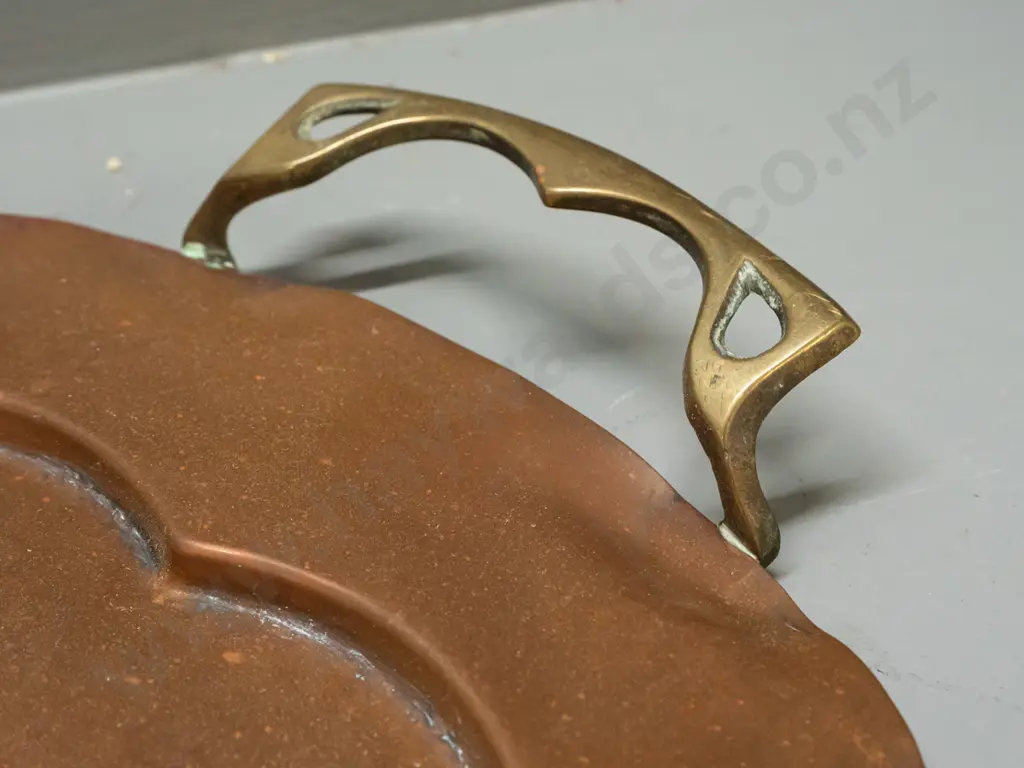 nouveau style hand-beaten copper (or copper plated?) tray with brass handles. Some dents, scratches & discolouration Image 1++