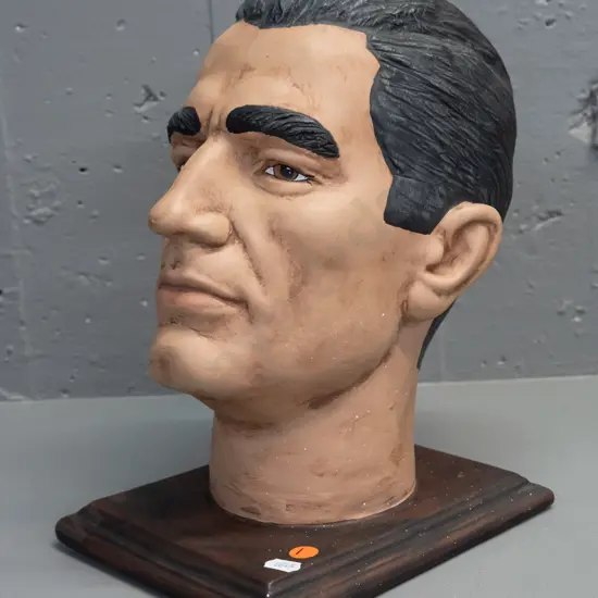 cast plaster milliner's stand, gents head, front corner repair to base, some paint fleck H310