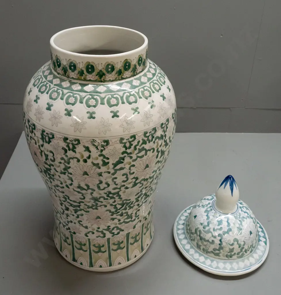 large lidded vase with floral pink & green decoration, base marked Made in China - some white paint residue H-720 D-270 Image 1++