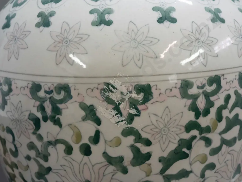 large lidded vase with floral pink & green decoration, base marked Made in China - some white paint residue H-720 D-270 Image 1++