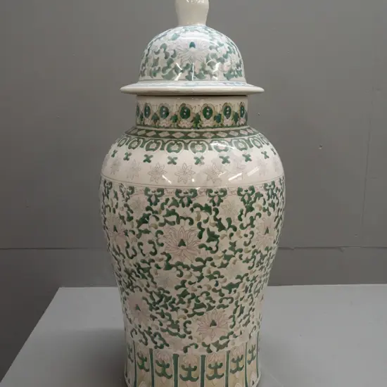 large lidded vase with floral pink & green decoration, base marked Made in China - some white paint residue H-720 D-270