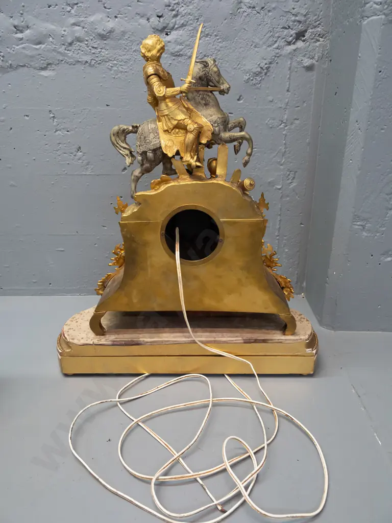 vintage ornate brass and gilded cast metal clock on gilded plaster base, on Victorian glass-domed timber base not Image 1++