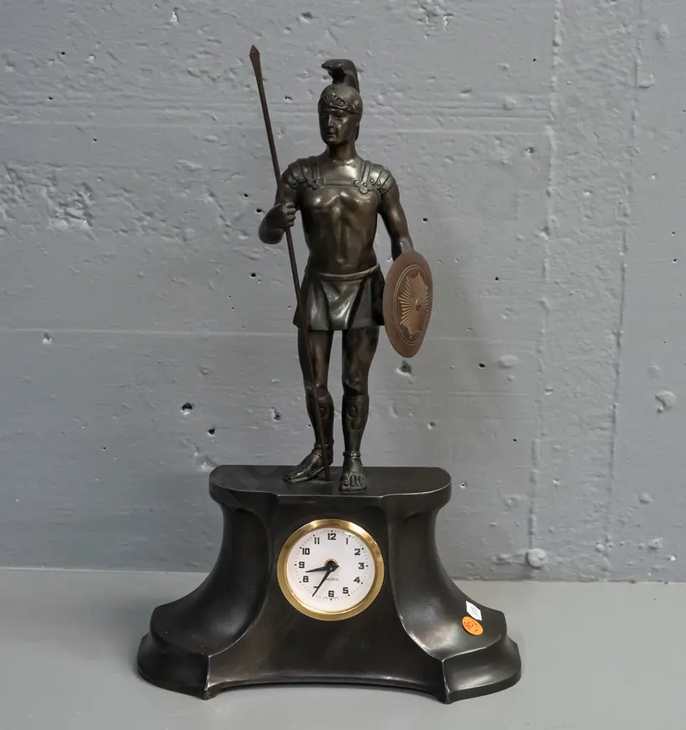 cast metal mantel clock with Roman soldier figure - wind up movement marked Precista-Made in Germany H-360 W-230 - going Image 1++