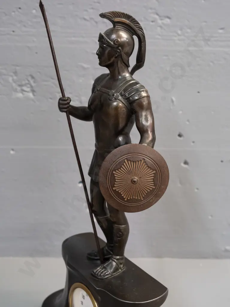 cast metal mantel clock with Roman soldier figure - wind up movement marked Precista-Made in Germany H-360 W-230 - going Image 1++