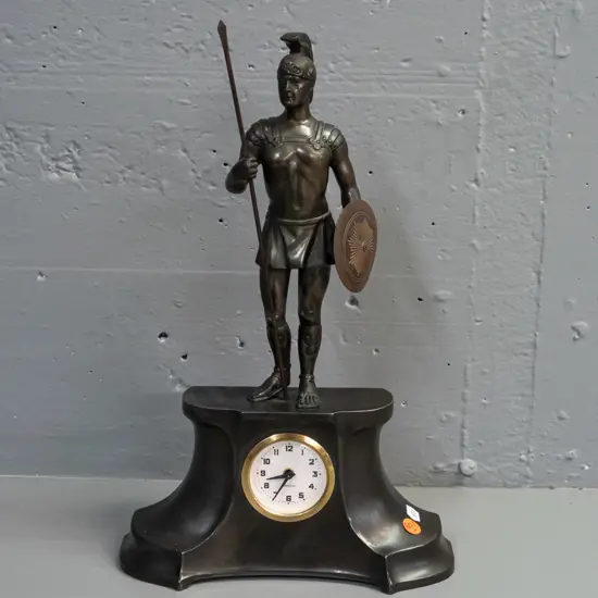 cast metal mantel clock with Roman soldier figure - wind up movement marked Precista-Made in Germany H-360 W-230 - going