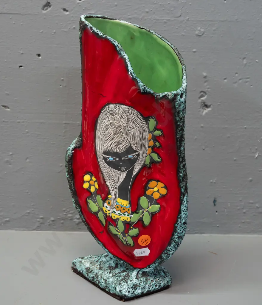 retro Italian vase with sgraffito woman on red panel, raised enamel floral decoration - Made in Italy mark on base H-300 Image 1++