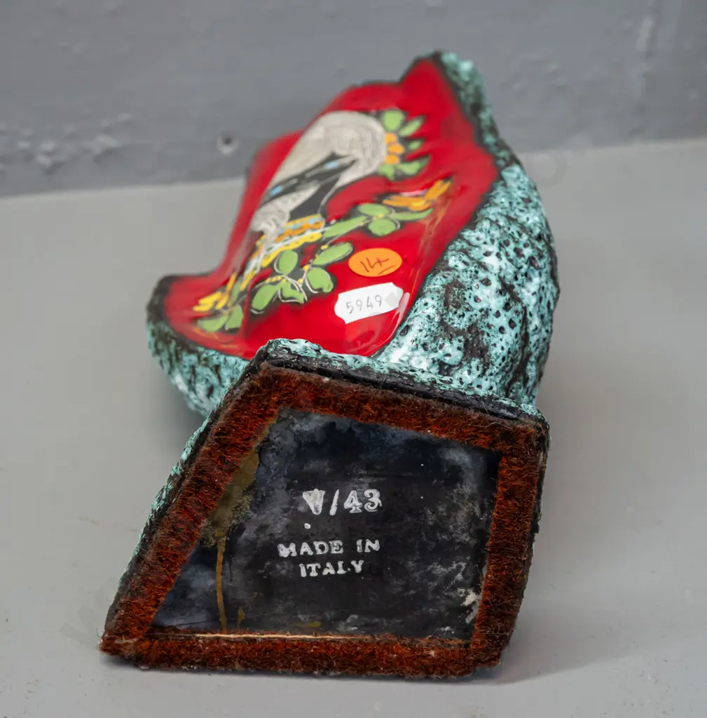 retro Italian vase with sgraffito woman on red panel, raised enamel floral decoration - Made in Italy mark on base H-300 Image 1++