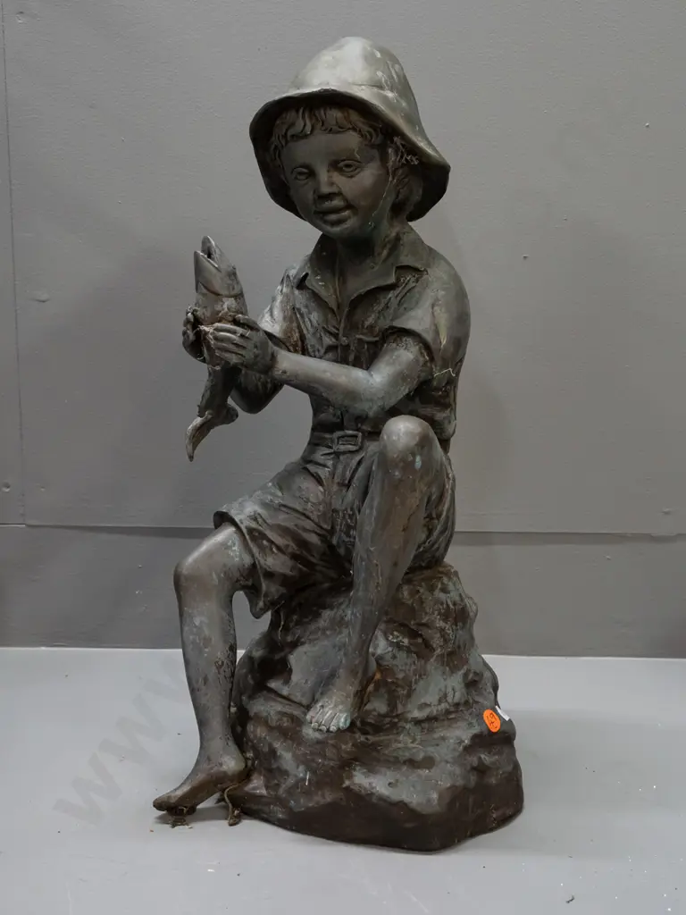 cast metal boy figure, ex water feature, has some fountain piping - wear and marks H-480 W-240 Image 1++