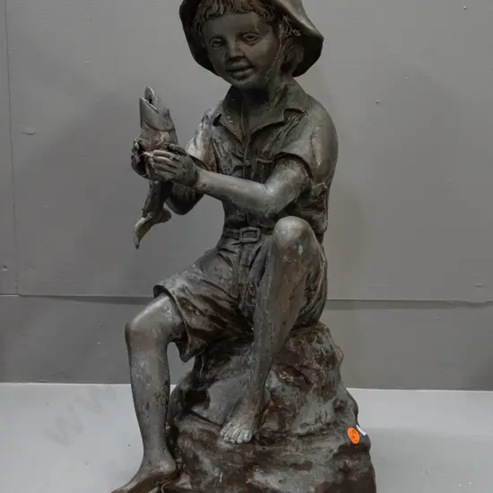 cast metal boy figure, ex water feature, has some fountain piping - wear and marks H-480 W-240