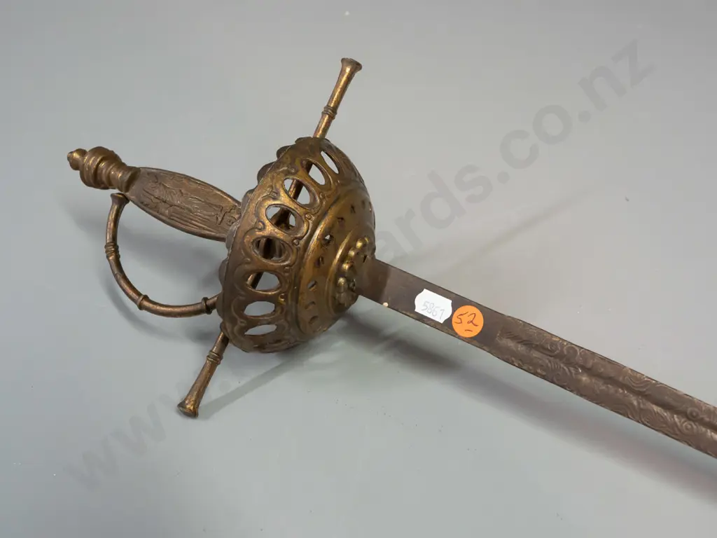 decorative sword with cast brass hilt and handle with classical water carrier motif, pierced and cast basket, Image 1++