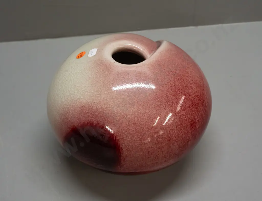New Zealand studio pottery squat sphere shaped vase - mark DM? - red over light green H-170 W-230 Image 1++