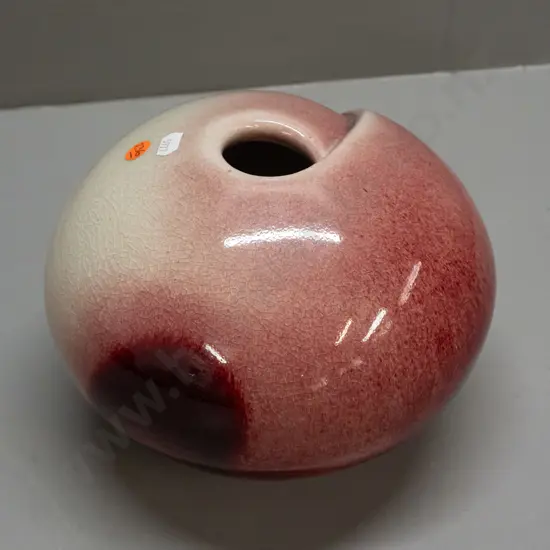 New Zealand studio pottery squat sphere shaped vase - mark DM? - red over light green H-170 W-230