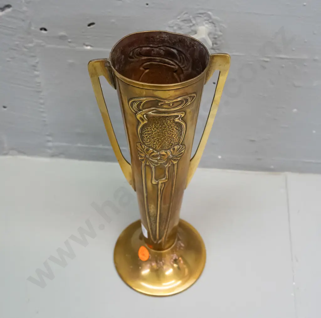 art nouveau style brass (brass plate over copper?) handled spill vase, marked Beldray England on base - has some pitting Image 1++