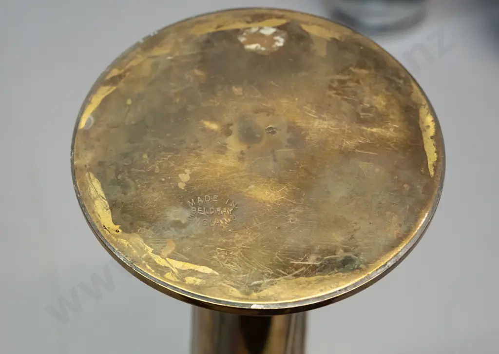 art nouveau style brass (brass plate over copper?) handled spill vase, marked Beldray England on base - has some pitting Image 1++