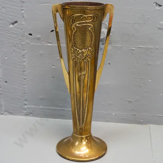 art nouveau style brass (brass plate over copper?) handled spill vase, marked Beldray England on base - has some pitting
