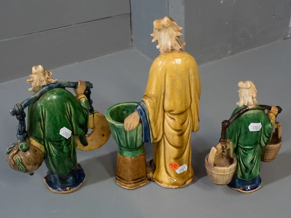 3 Chinese earthenware "mud men" figures - largest has fret to base H-230 Image 1++