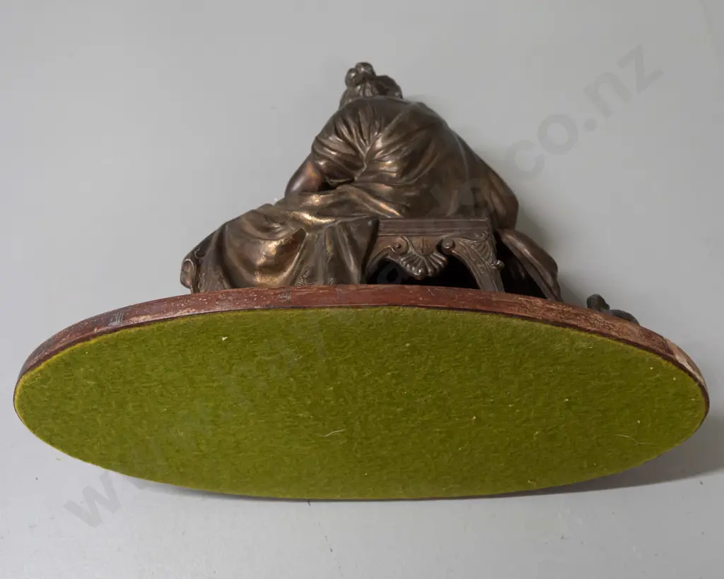 cast metal classical style figure of a seated woman with shield and helmet, on wooden base H-260 Base W-310 Image 1++