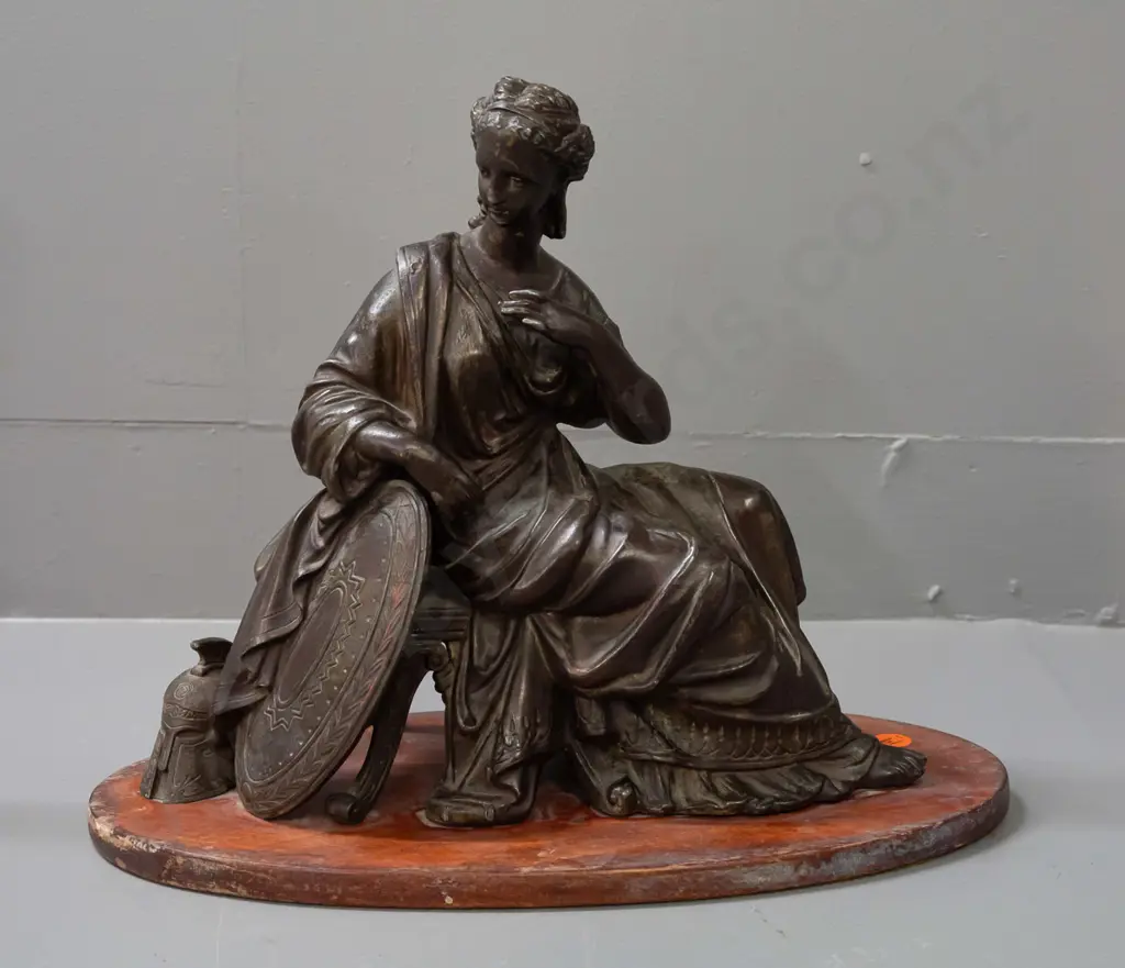 cast metal classical style figure of a seated woman with shield and helmet, on wooden base H-260 Base W-310 Image 1++