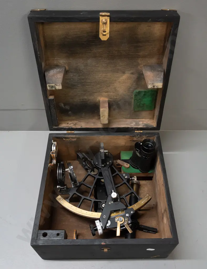 vintage sextant in fitted timber case marked Tamaya - Tokyo Japan - with eyepieces and accessories. Some usage and paint Image 1++