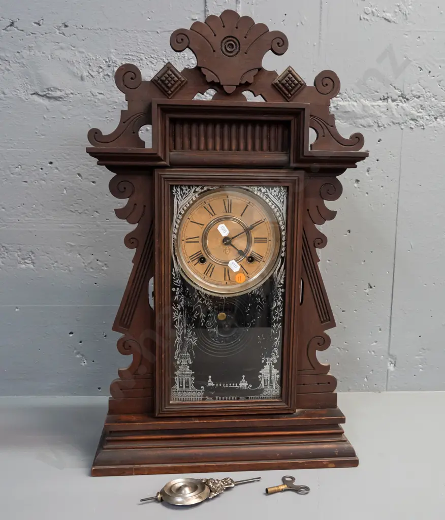Ansonia mantle clock, carved & pierced decoration, glazed & etch glass door. H625 W380 - not going Image 1++